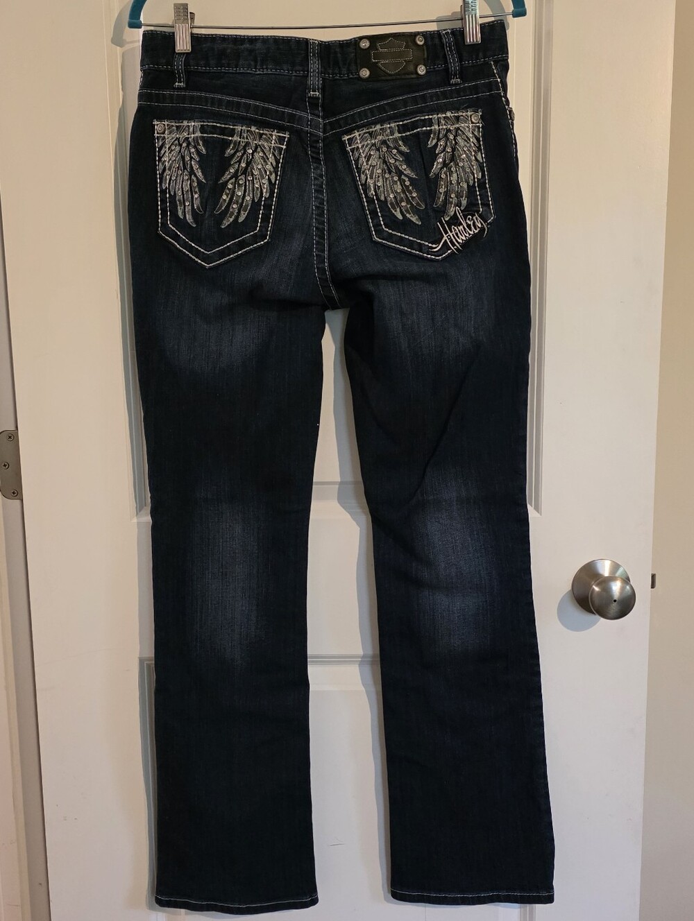 Harley-Davidson Dark Wash Boot Cut Jeans with Silver Embroidered Angel Wings